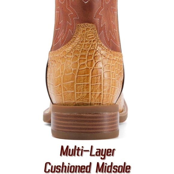 Men‘s Tan Caiman Belly Leather Cowboy Bold Crocodile Texture Square Toe Boots main image 6